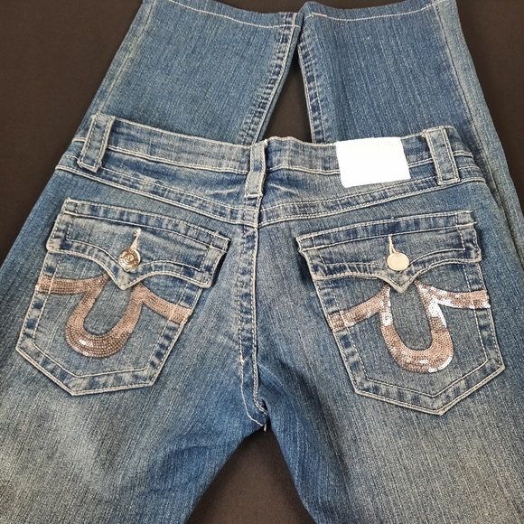 Size 30 True Religion Stretchy Jeans Metallic Silver Sequins & button pockets - Picture 2 of 12